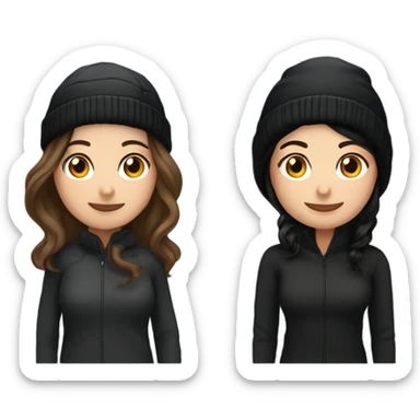 2 womenbest friend, one of them is brown  wavy hair in black winter cap, and the other one is black straight hair and black winter cap sticker