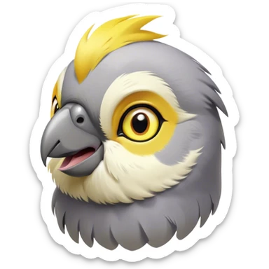 Cinematic Cute Cockatiel Portrait Emoji, Head tilted playfully and inquisitively, featuring a smooth grey fur with bright yellow accents and a perky crest, round, sparkling dark eyes filled with curiosity, Simplified yet irresistibly adorable features, highly detailed, glowing with a warm, friendly glow, high shine, affectionate and lively, stylized with a touch of whimsy, bright and endearing, soft glowing outline, capturing the essence of a mischievous yet loving cockatiel, so playful it feels like it could chirp out of the screen and into your arms! sticker