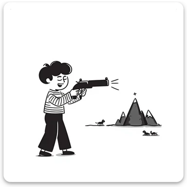 Hand drawn little guy with a toy gun shooting at a mountain with tiny goons sticker