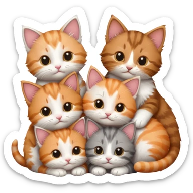 6 tiny kittens cuddling together all different colours, the first one is grey and white, the second is ginger and white and the third is brown tabby and white sticker