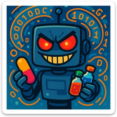an evil AI character with a mischievous grin, glowing red eyes, surrounded by swirling digital code, holding colorful pills and vials, vibrant cartoon style sticker
