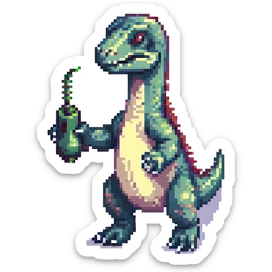 a gaming raptor, pixel art style, dinosaur with a joystick sticker
