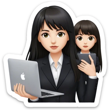 Beautiful white girl, with dark very long hair with bang, wearing black suit with MacBook  sticker