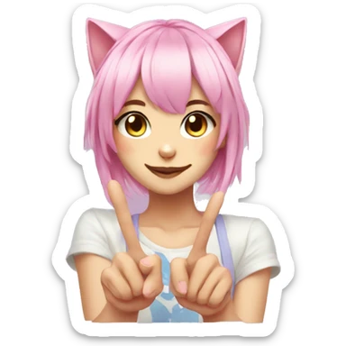 Anime cat girl face pink hair with peace sign fingers sticker
