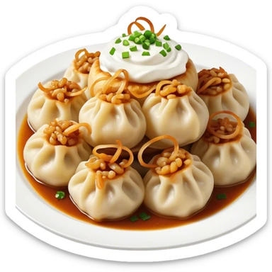 Ukrainian dumplings with fried onions and sour cream on top sticker