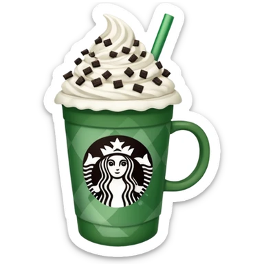  Starbucks hot cocoa with whipped cream and Oreo cookie crumbles in a green checkered to go Starbucks cup  sticker