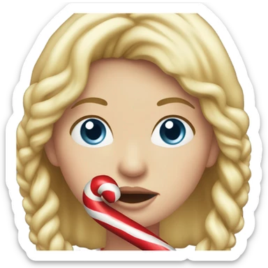 Blonde girl with a candy cane in her mouth coming close to the screen sticker