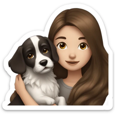 long brown hair girl cuddling a cute black and white dog sticker
