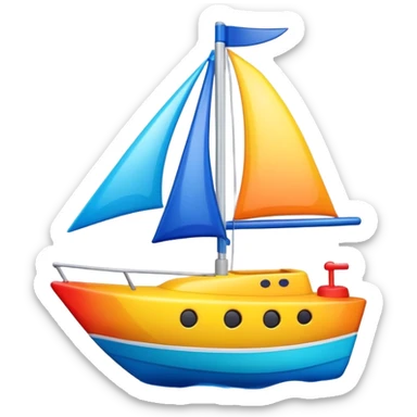 A colorful toy sailboat with a cute smiling face on the bow sticker