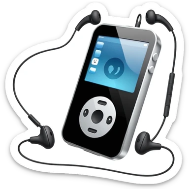 Futuristic iPod emoji with earphones, metallic black and white, smooth reflective surfaces, flat minimal vector design, clean UI style sticker