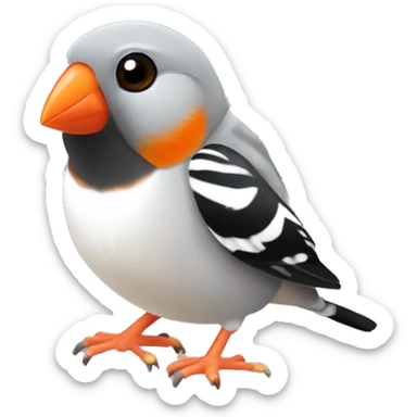 Zebra finch with orange cheeks, grey body, white chest, with black tail, black eyes, and orange feet sticker