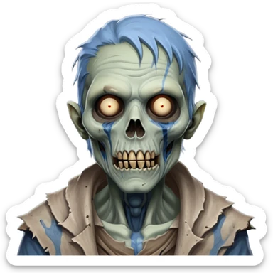 Cinematic Realistic WoW undead friendly zombie Portrait, depicted with decayed yet noble features, his weathered, pallid skin etched with ghostly blue veins and ancient scars. Clad in modest, tattered attire in muted browns and greys that remain consistently rugged, his hollow eyes burn with determined defiance. Rendered with lifelike texture and dramatic natural lighting, high shine, noble and resilient, capturing the stoic spirit of an undead veteran of Azeroth. sticker