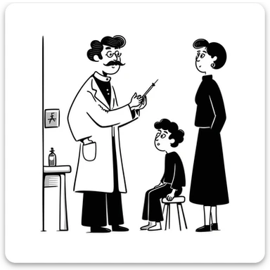 A Victorian doctor giving a young poor boy a vaccination with the boy's mother in the background looking worried sticker