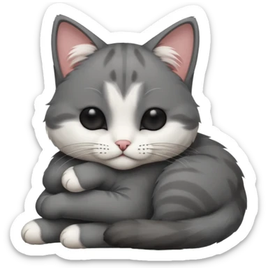dark grey and white small cat with his eyes closed, leaning his head on his paw while leaning on his elbow lying down sticker