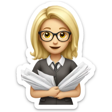 Blond girl with glasses and with a lot of important documents in a hand sticker