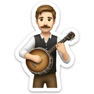 Young white man with brown hair and a mustache playing the banjo  sticker