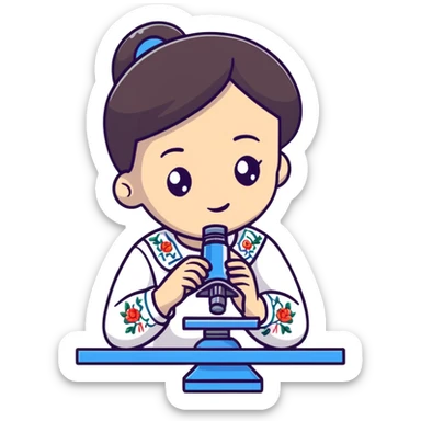 Ukrainian girl with dark hair in traditional embroidered shirt holding a microscope sticker