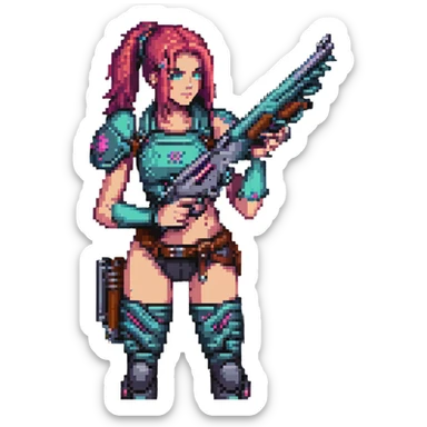 female cyberpunk warrior from the 80s with a classic shotgun sticker