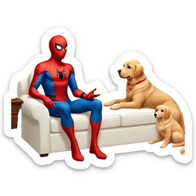 Spider-Man sitting in Athena room with the Golden Retriever next to him sticker