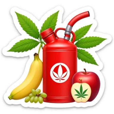 bright red gasoline canister surrounded by a banana, an apple, grapes, and a cannabis leaf, red fuel can with fruits and marijuana leaf arranged around it sticker