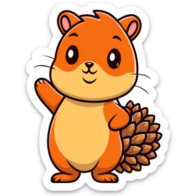 A greedy little squirrel with a big pine cone on top of its head, showing a strange facial expression, wide eyes sticker
