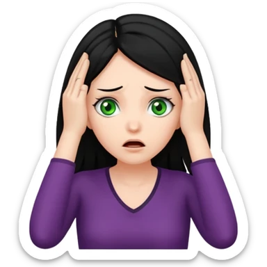 A realistic waist-up portrait of a frightened woman with her hands on her head, black hair and green eyes sticker