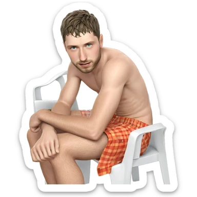 topless boy in grassy chair sticker