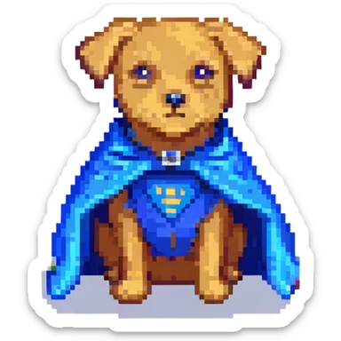 A pixel art style emoji of a super dog with a blue cape. sticker