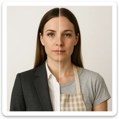 hyper realistic split-image of a woman, one half with business makeup and suit, other half natural, kitchen apron, white background, symmetrical, clear role difference sticker