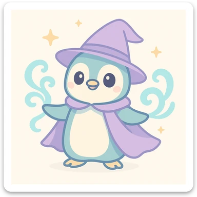 heroic penguin wizard with a flowing cape, icy blue magic swirling from its flippers, brave and magical sticker