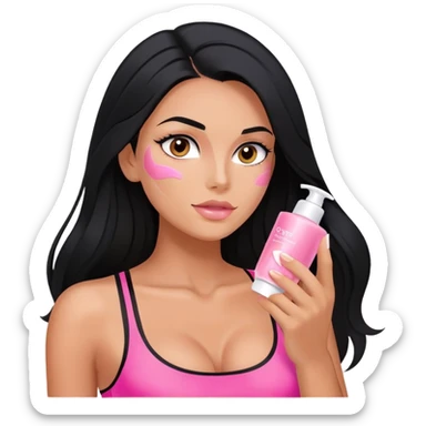 beauty routine, spa, pink face cream, long black hair tanned woman, black sports bra, sexy, hot  sticker