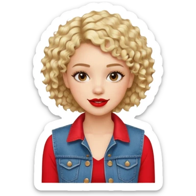 young fashionable woman, short curly blonde hair, wearing a denim vest and bold lipstick, cheerful expression sticker