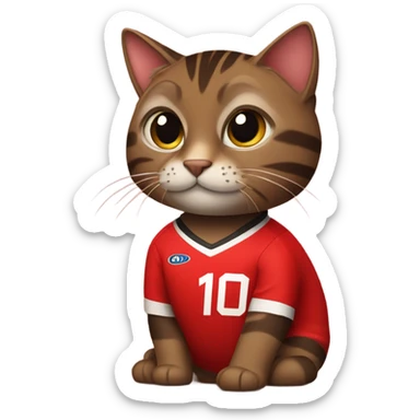 dark brown tabby cat in a red soccer jersey sticker