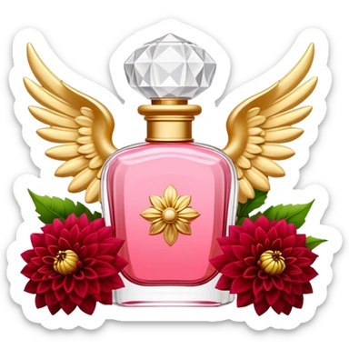 An elegant perfume bottle in Angel Pink with intricate golden details, standing beside a lush bouquet of Vivid Red and Deep Red Dahlias, softly illuminated in a romantic, warm glow sticker