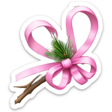 Christmas tree branch, featuring lush green pine needles adorned with elegant bows in pink sticker