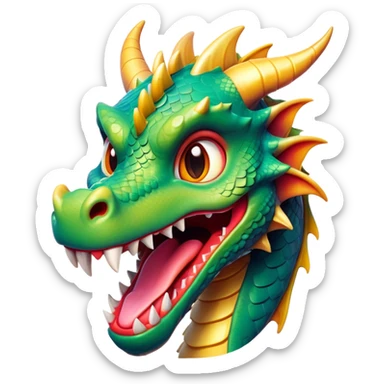 Cinematic Comical Dragon Portrait Emoji, Head tilted dramatically with an exaggeratedly amused expression, featuring a striking, glossy scaled body with bold, angular details and wide, expressive eyes brimming with playful disbelief; rendered with vibrant, lifelike textures and natural shadows, high shine, dramatic yet playful, styled with an air of cheeky mythical mischief, soft glowing outline, capturing the essence of a spirited and over‐the‐top dragon that looks ready to breathe fire into viral fame! sticker