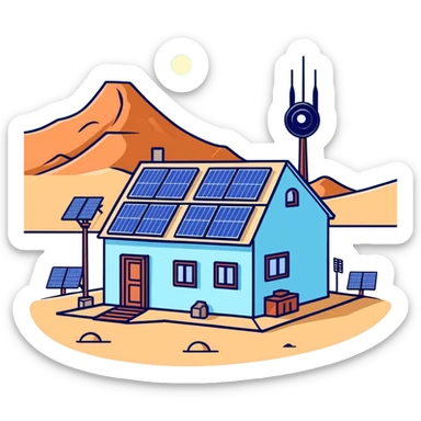 Desert outpost with solar panels and antennas sticker