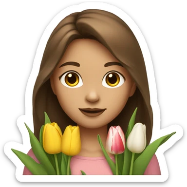 Girl with brown hair and light skin take a tulips sticker