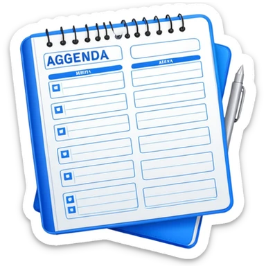 An open daily planner showing agenda items with checkboxes for a meeting sticker