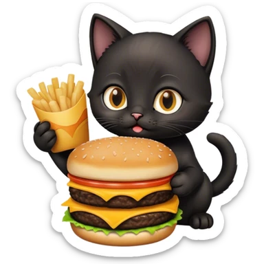 Black kitten eating a triple cheeseburger  sticker