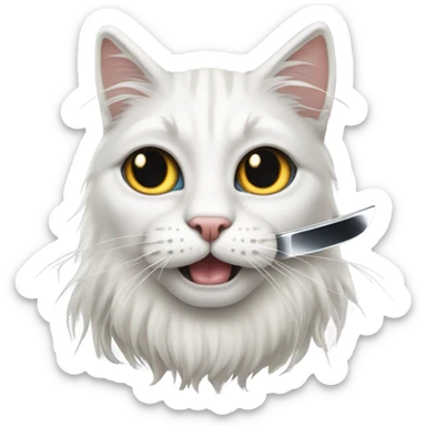 White long haired cat with black markings around eyes holding a knife  sticker