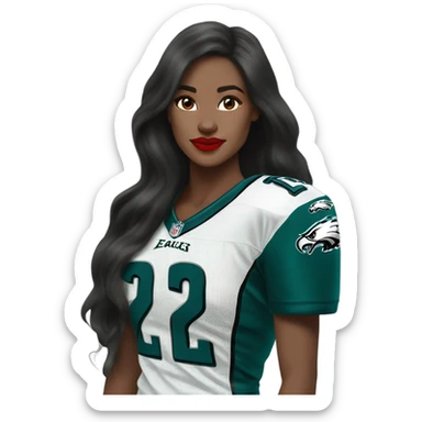 White female long dark hair red lips wearing Philadelphia Eagles jersey sticker