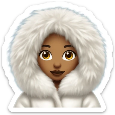 Tanned Girl with lashes ,  in an extremely big fluffy oversized white fur coat with hood on. The fur is real and it’s very obvious big and fluffy like in Pinterest  sticker