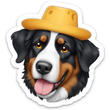 A Bernese mountain dog wearing a cheese head hat sticker