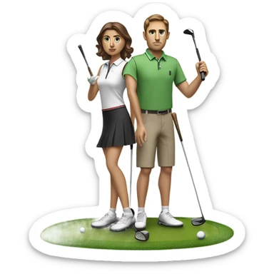 Tall Brown haired white guy and short, long haired  brunette girl in golf skirt golfing sticker