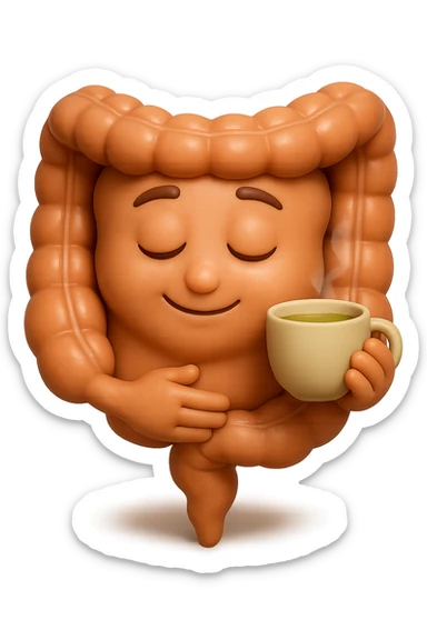 emoji stile iphone 3d di intestino umano sereno che si tocca la pancia mentre sorseggia un thè alle erbe, iperrealistico 4k sticker