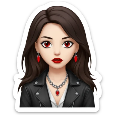 brunette with very long hair in black cuir jacket with red lips and very dark brown eyes and white shirt and mysterious necklace without piercing with evil eyes sticker