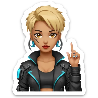 Woman with her tongue out in cyberpunk clothing and giving the middle finger. Looking naughty. sticker