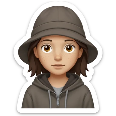 Hobo tomboy with light skin, freckles, shoulder-length center-parted dark brown hair. brown eyes, dark dull brown hoodie, grey shirt. Flat brimmed hat sticker