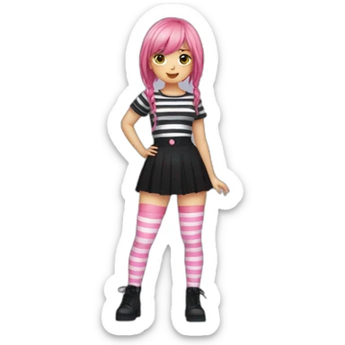 Front view curvy emo girl pink hair sits black skirt pink knickers striped stockings hands up sticker